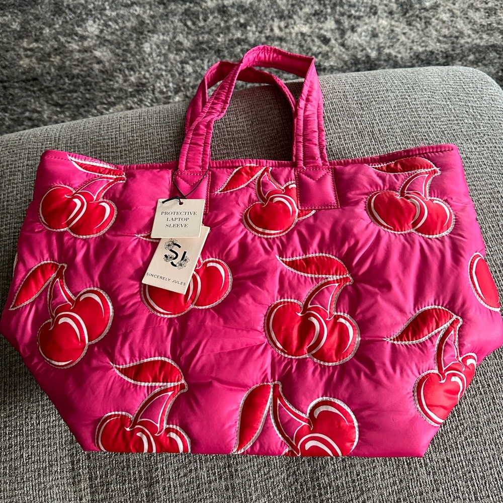 SINCERELY JULES Pink and Red Cherry Puffer Tote Bag!